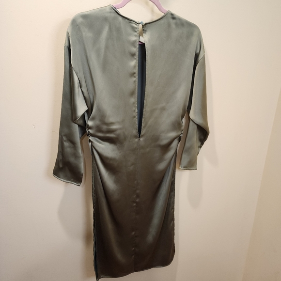 ZARA Olive Green Satin 3/4 Sleeve High Side Slits Midi Dress Top XS - Picture 7 of 13